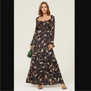 Fame and Partners Black Floral Maxi Gown Bell Sleeves, Queen Ann style neckline